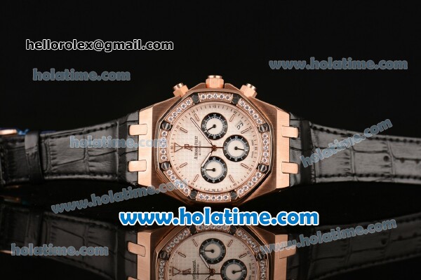 Audemars Piguet Royal Oak Chrono Miyota OS20 Quartz Rose Gold Case with Black Leather Bracelet Diamond Bezel and White Dial - 7750 Coating - Click Image to Close